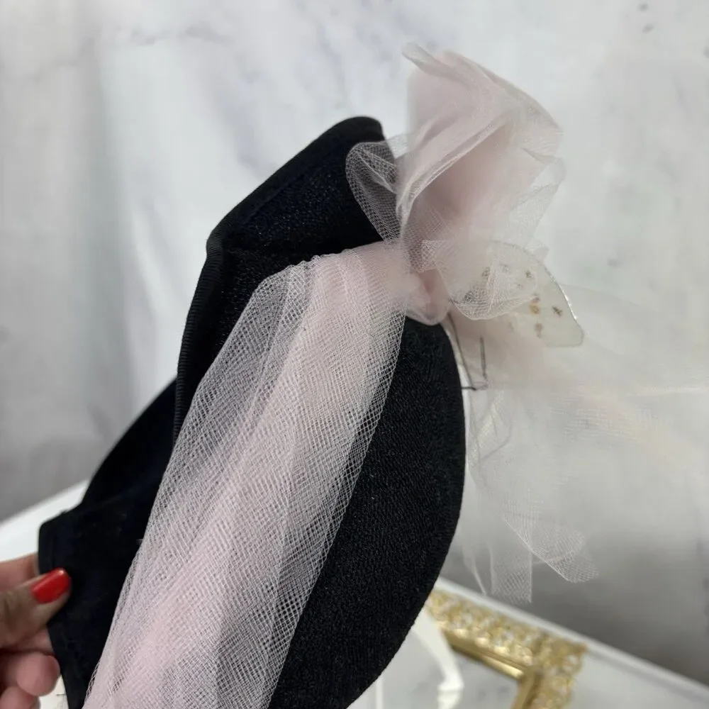 Vintage 1950s 60s Woven Cloche Hat Pink Tulle Bow Star Cocktail Fascinator MCM